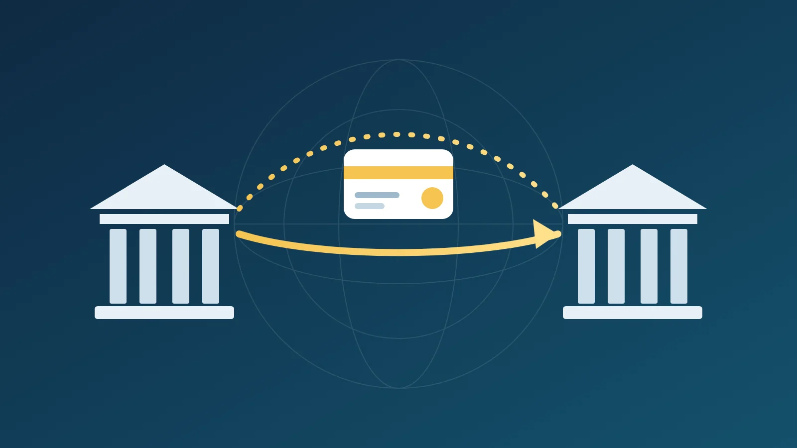 Two banks connected by a money transfer arrow across a globe